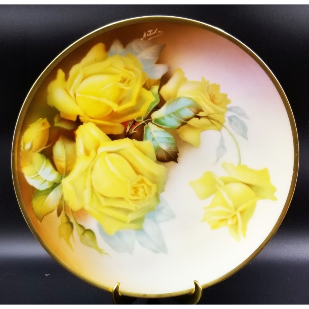 Antique "Serves" Bavaria Yellow Roses Hand Painted Plate Gold Trim Signed